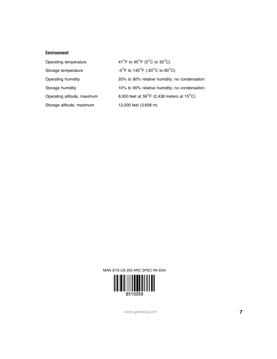 Environment | Gateway 200ARC User Manual | Page 7 / 7