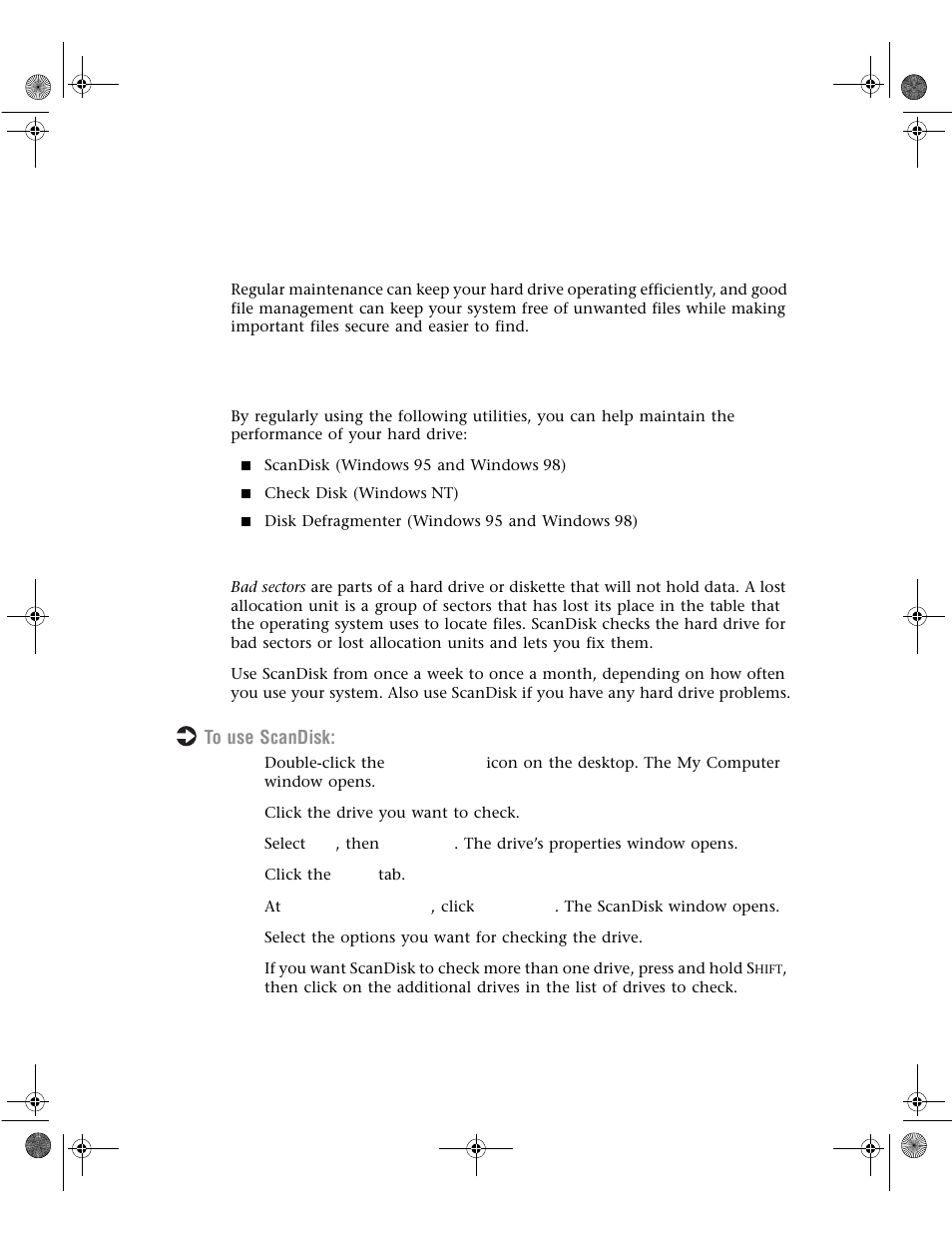 Maintaining and managing your hard drive, Hard drive maintenance utilities, Using scandisk in windows95 and windows98 | Gateway E1400 User Manual | Page 80 / 136