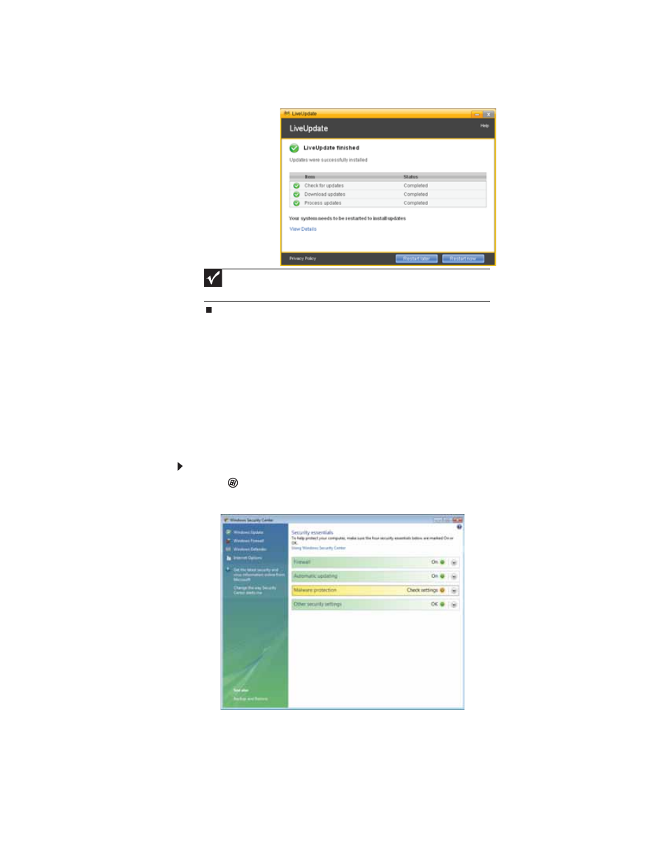 Using windows security center, Modifying security settings, To modify security settings | Modifying security | Gateway FX542XT User Manual | Page 65 / 94