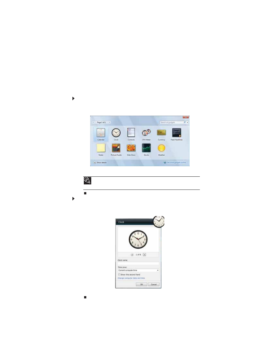 Changing gadgets, To add a gadget, To configure a gadget | Gateway FX542XT User Manual | Page 73 / 94