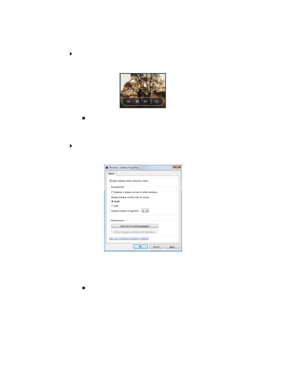 Using a gadget’s control panel, To use a gadget’s control panel, Configuring the gadget sidebar | To change sidebar properties | Gateway FX542XT User Manual | Page 74 / 94