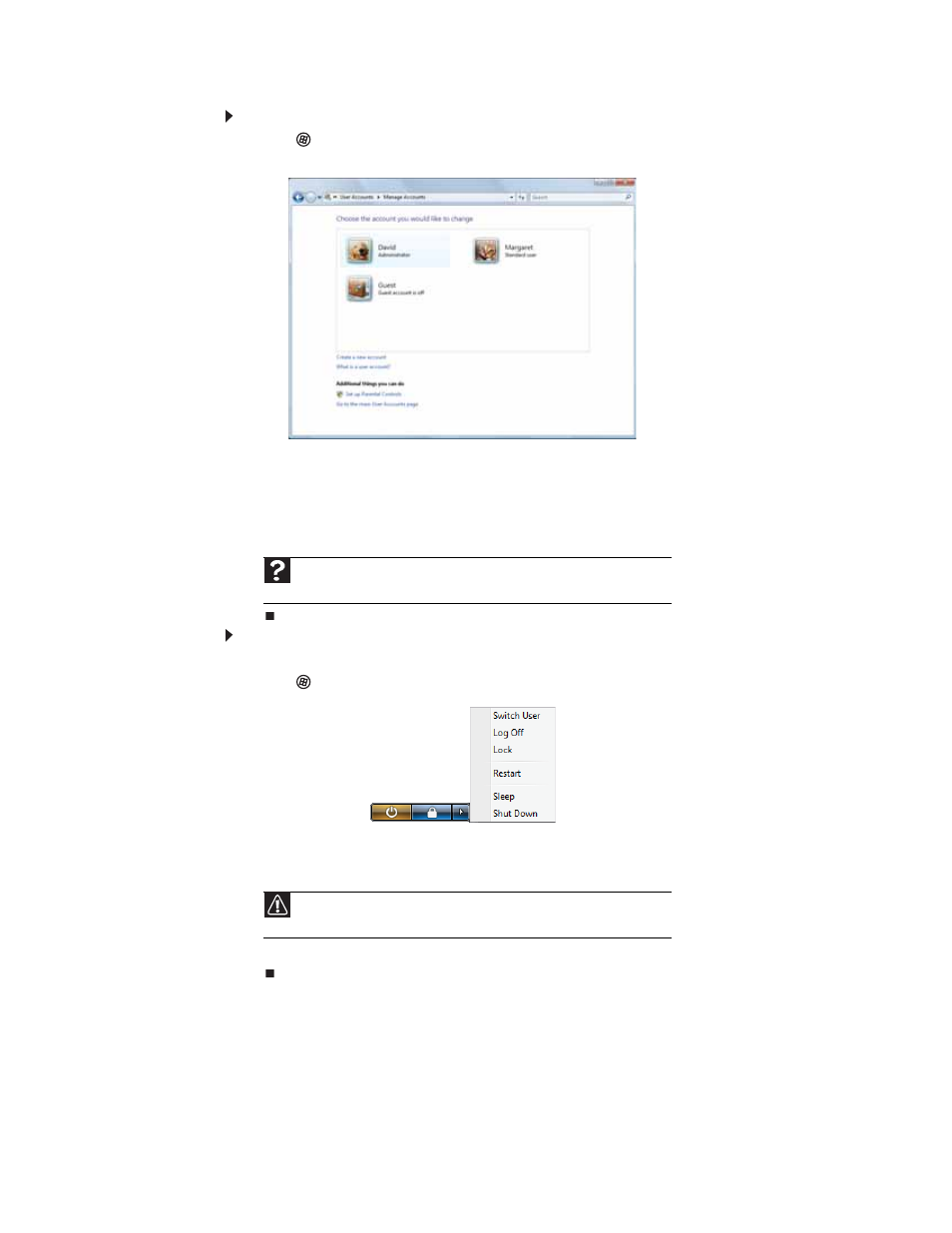 To add, delete, or modify user accounts, To switch between user accounts | Gateway FX542XT User Manual | Page 78 / 94