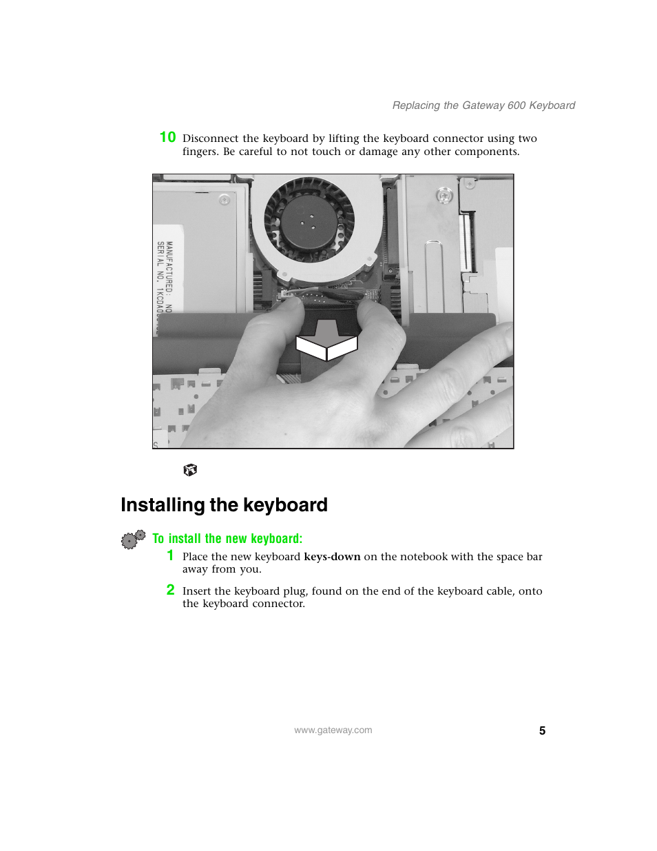 Installing the keyboard | Gateway 600 User Manual | Page 5 / 10