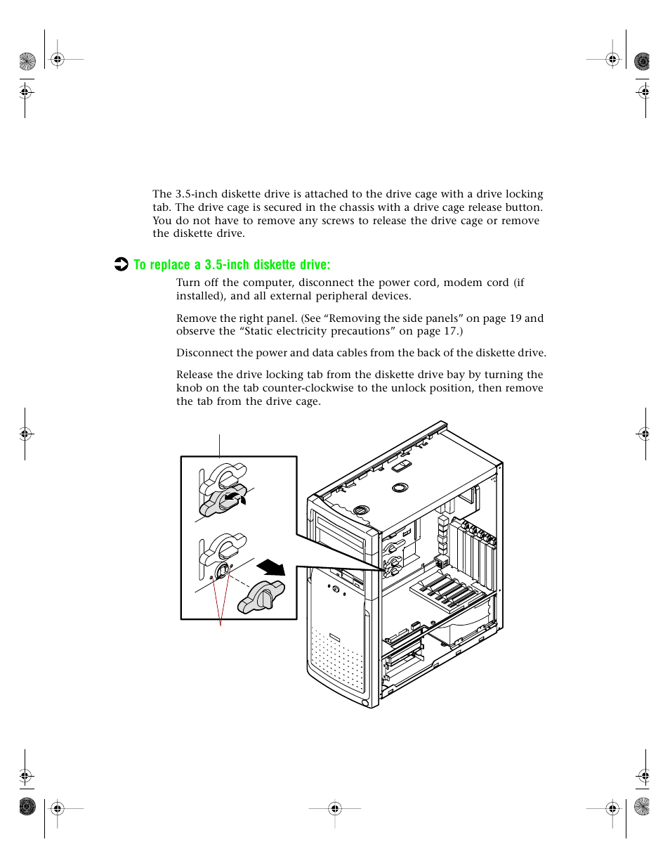 Inch diskette or cd drives, Replacing the diskette drive | Gateway E3400 User Manual | Page 37 / 126