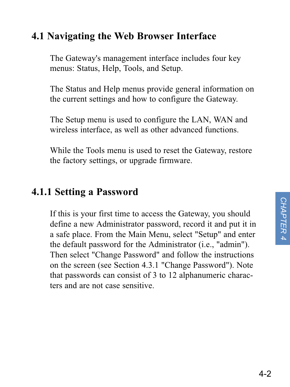 1 navigating the web browser interface, 1 setting a password | Gateway none User Manual | Page 38 / 113