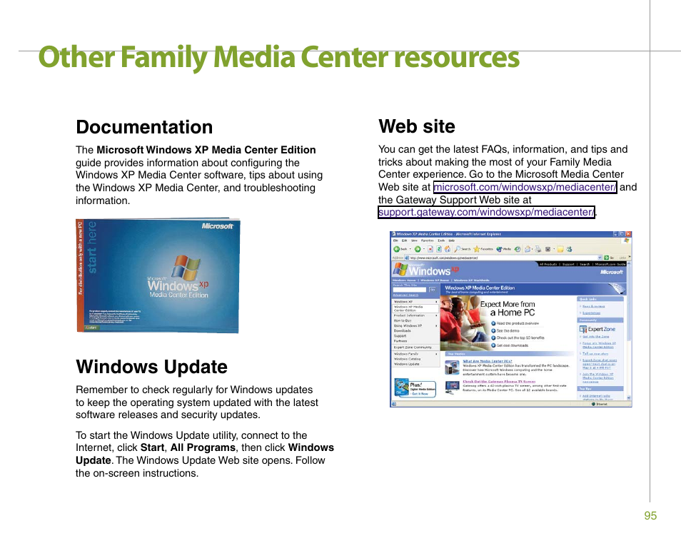 Other family media center resources, Documentation, Web site | Windows update | Gateway 901 Series User Manual | Page 101 / 116