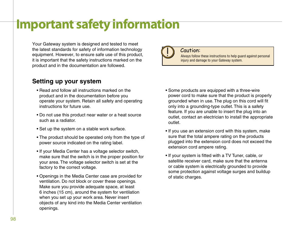 Important safety information, Setting up your system | Gateway 901 Series User Manual | Page 104 / 116