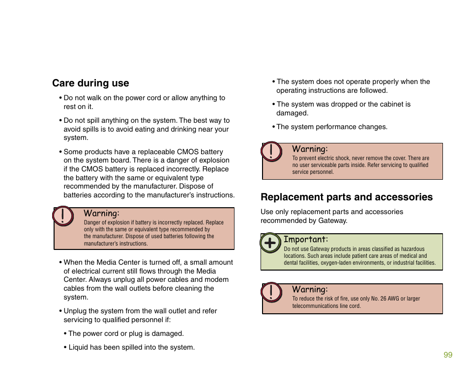 Care during use, Replacement parts and accessories | Gateway 901 Series User Manual | Page 105 / 116
