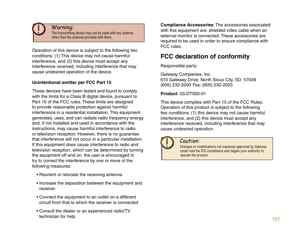 Fcc declaration of conformity | Gateway 901 Series User Manual | Page 107 / 116