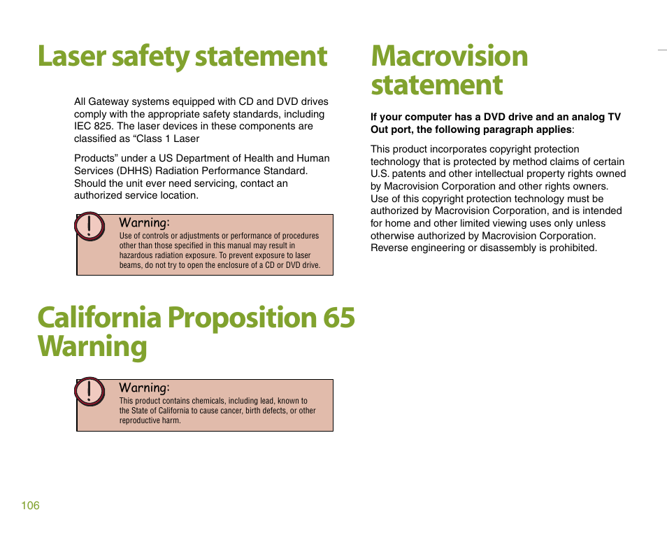 Laser safety statement, California proposition 65 warning, Macrovision statement | Gateway 901 Series User Manual | Page 112 / 116