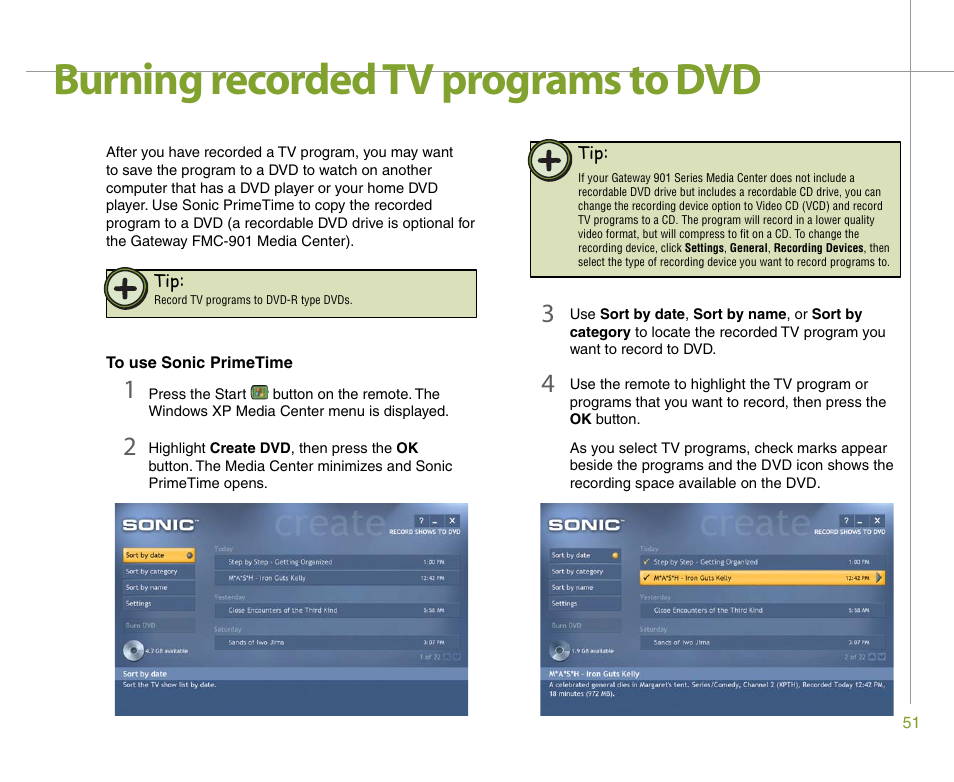 Burning recorded tv programs to dvd | Gateway 901 Series User Manual | Page 57 / 116