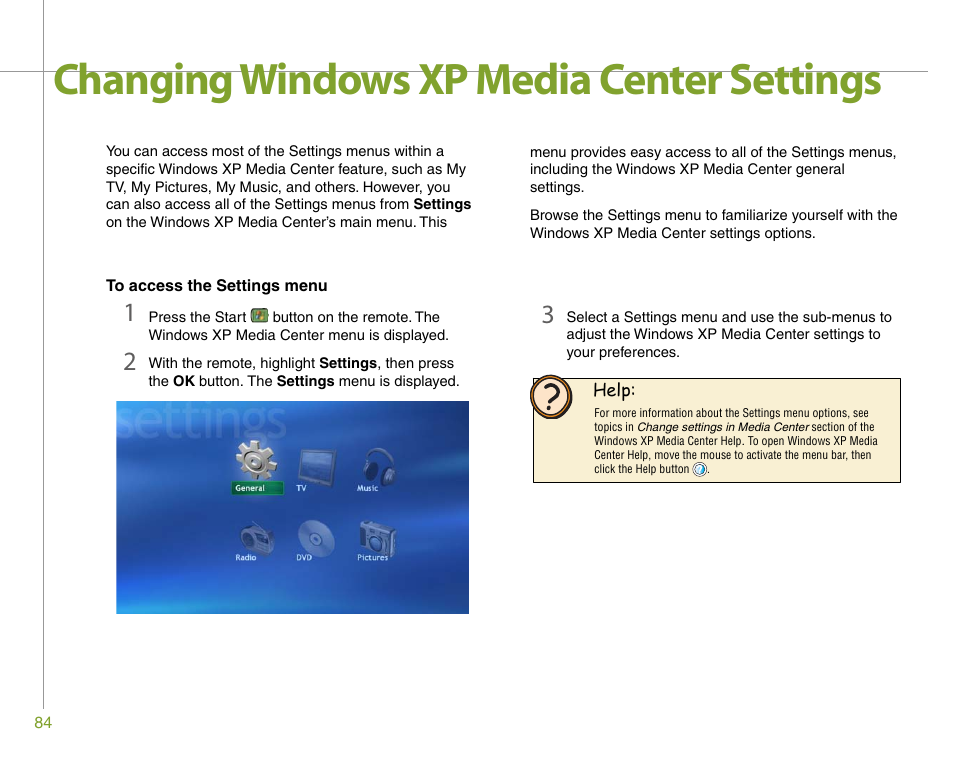 Changing windows xp media center settings | Gateway 901 Series User Manual | Page 90 / 116