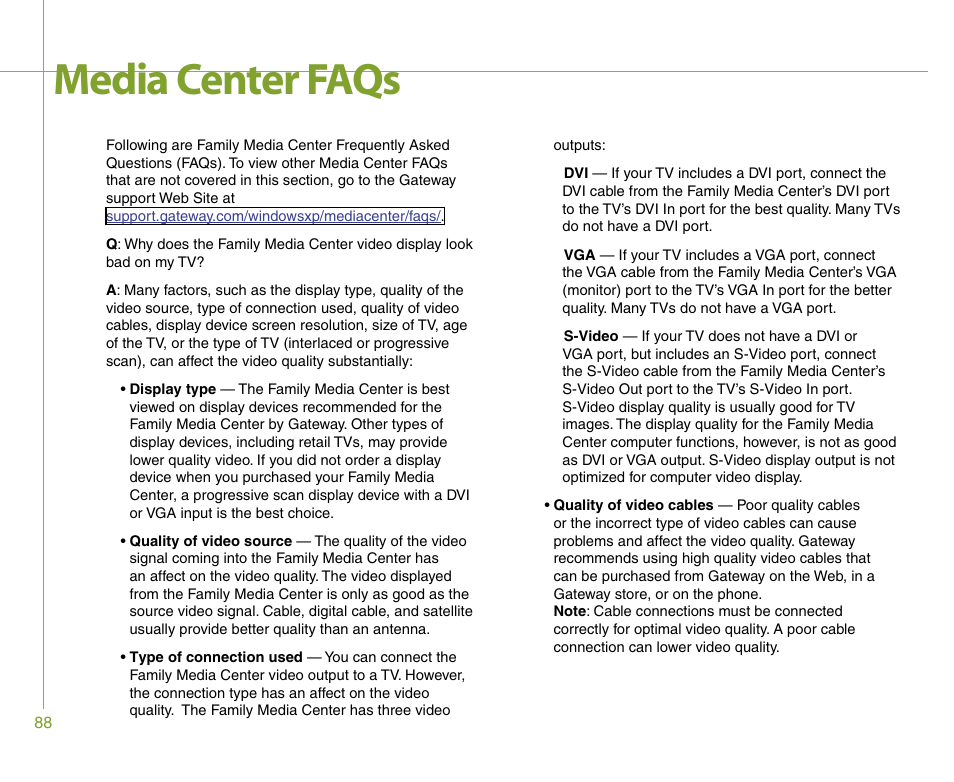 Media center faqs | Gateway 901 Series User Manual | Page 94 / 116