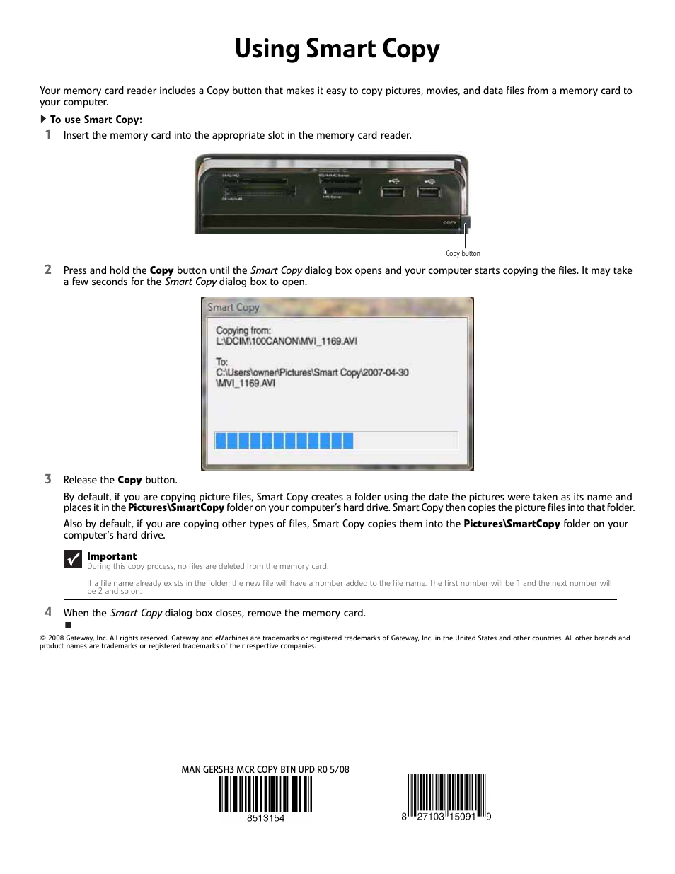Gateway Memory Card Reader User Manual | 1 page