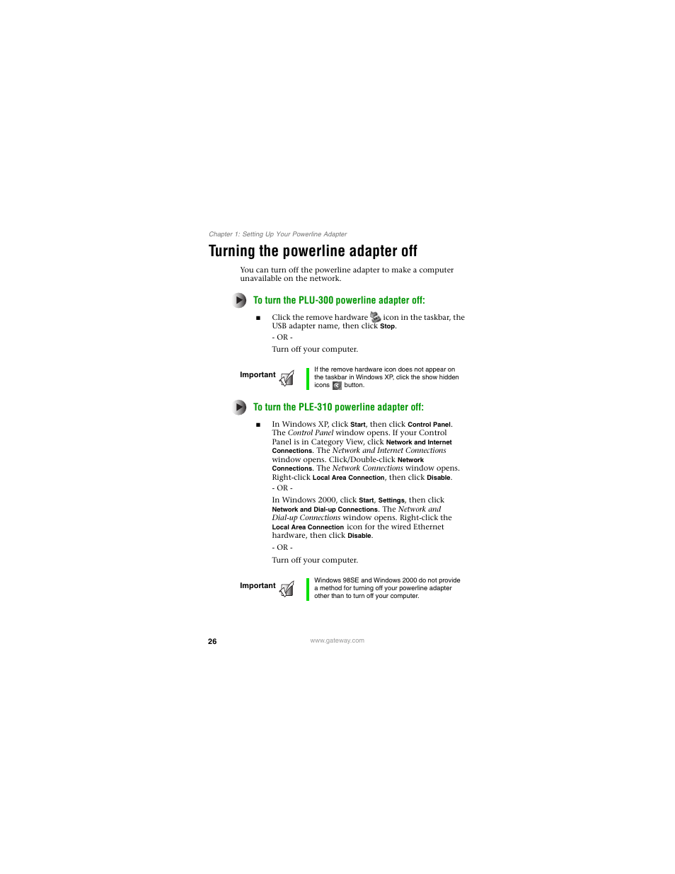 Turning the powerline adapter off | Gateway PLU-300 User Manual | Page 30 / 68