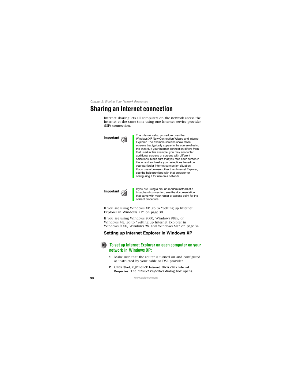 Sharing an internet connection, Setting up internet explorer in windowsxp | Gateway PLU-300 User Manual | Page 34 / 68