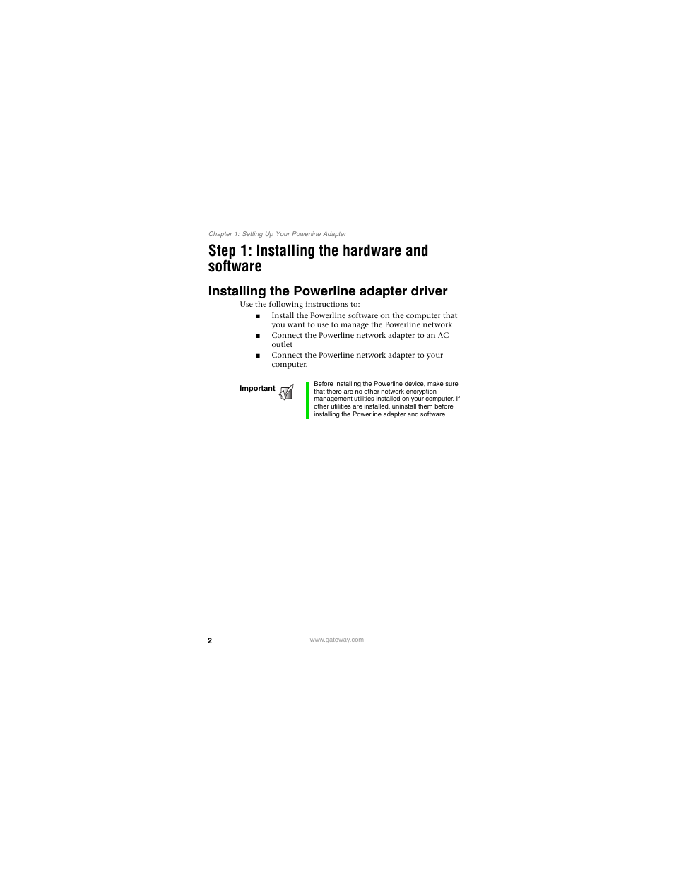 Step 1: installing the hardware and software, Installing the powerline adapter driver | Gateway PLU-300 User Manual | Page 6 / 68