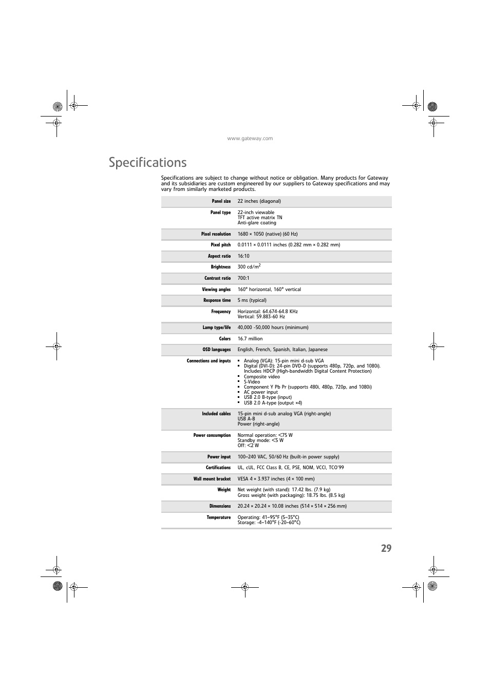 Specifications | Gateway FPD2275W User Manual | Page 33 / 40