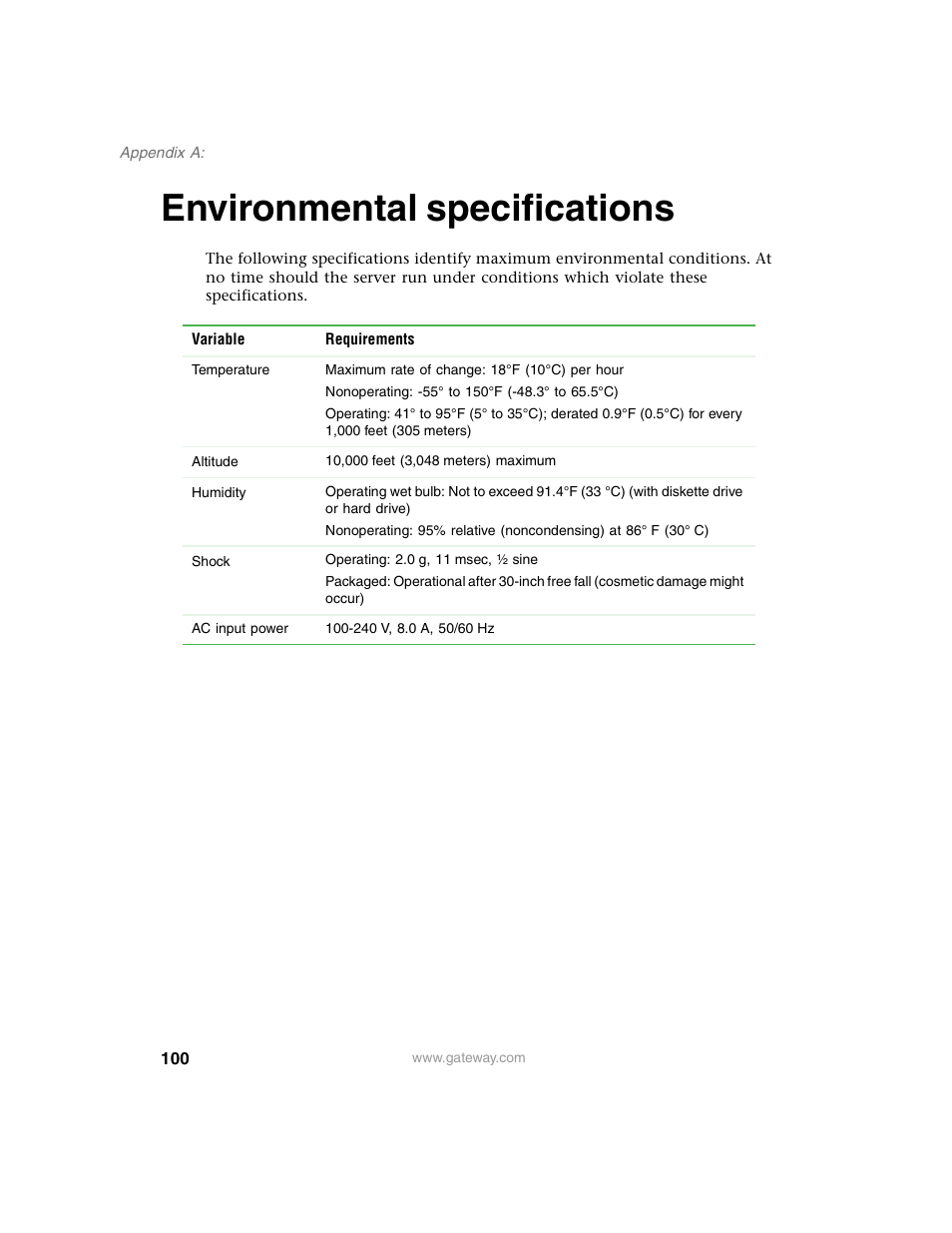 Environmental specifications | Gateway 960 User Manual | Page 105 / 130