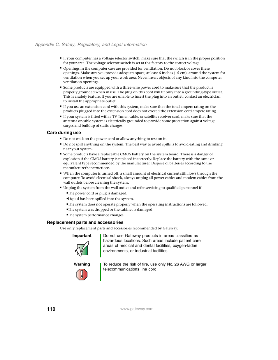Care during use, Replacement parts and accessories | Gateway 960 User Manual | Page 115 / 130