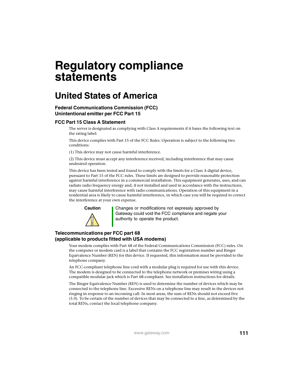 Regulatory compliance statements, United states of america | Gateway 960 User Manual | Page 116 / 130