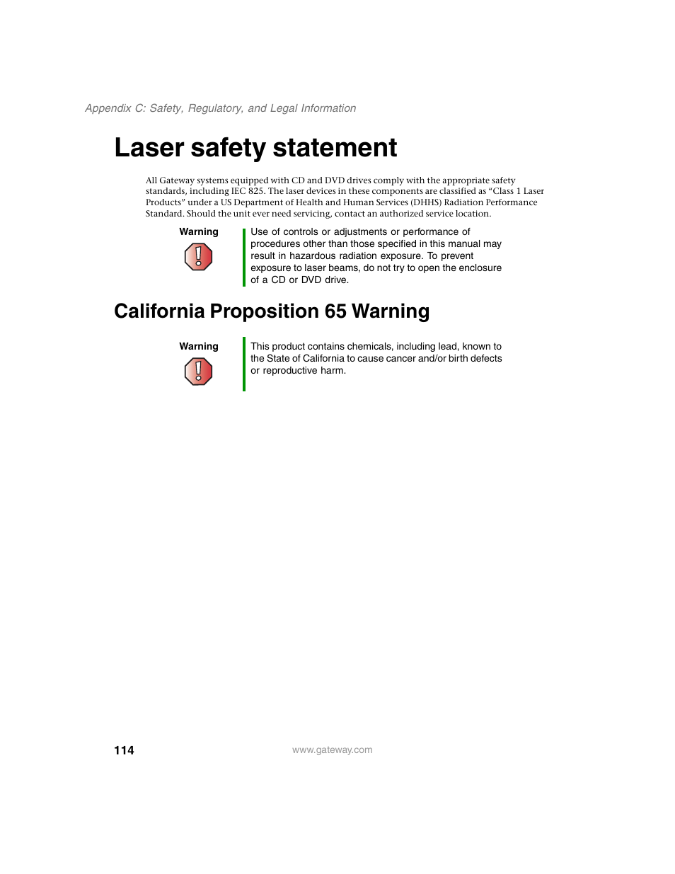 Laser safety statement, California proposition 65 warning | Gateway 960 User Manual | Page 119 / 130