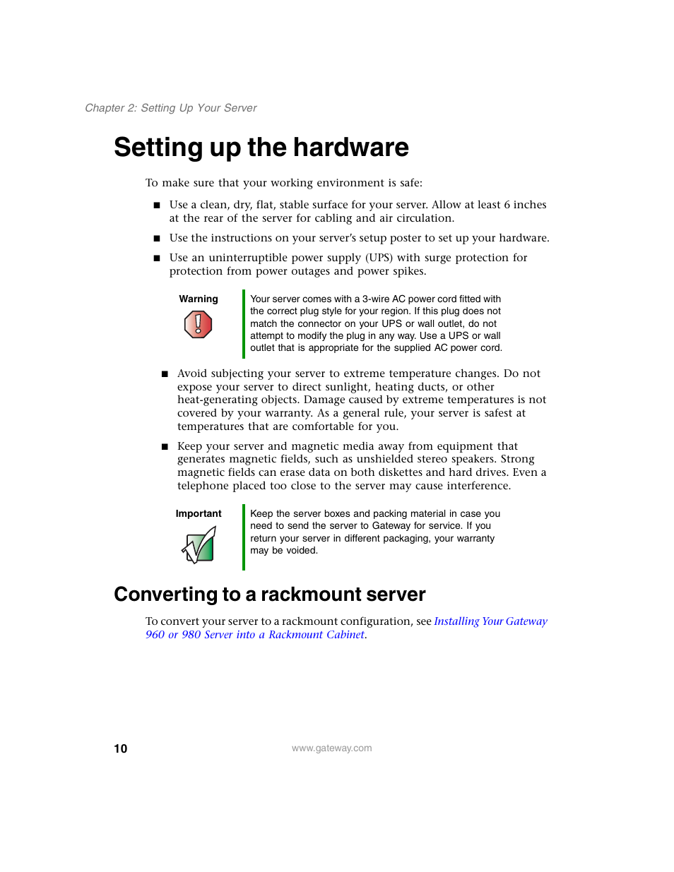 Setting up the hardware, Converting to a rackmount server | Gateway 960 User Manual | Page 15 / 130