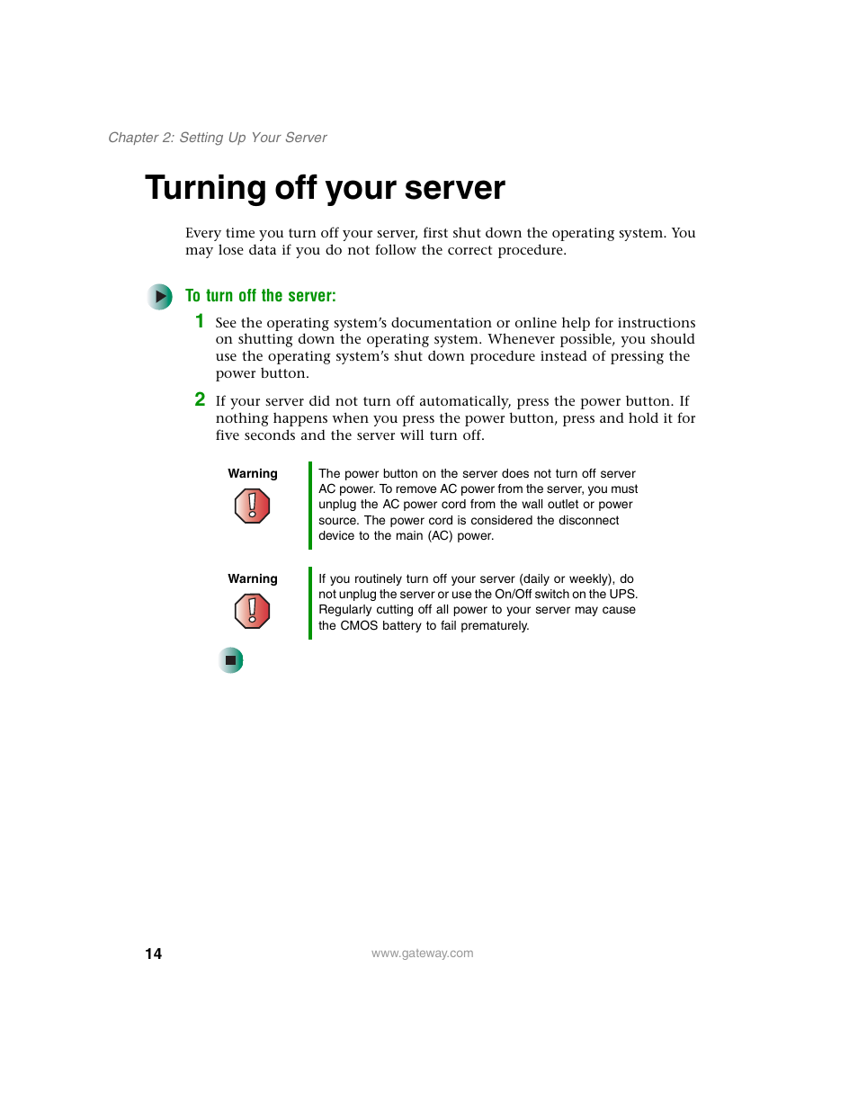 Turning off your server | Gateway 960 User Manual | Page 19 / 130