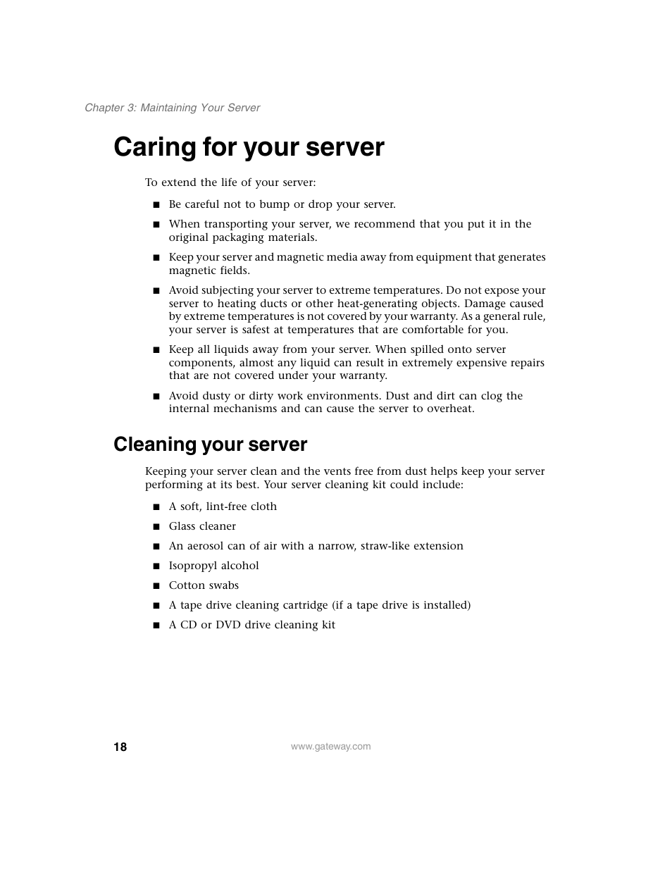Caring for your server, Cleaning your server | Gateway 960 User Manual | Page 23 / 130