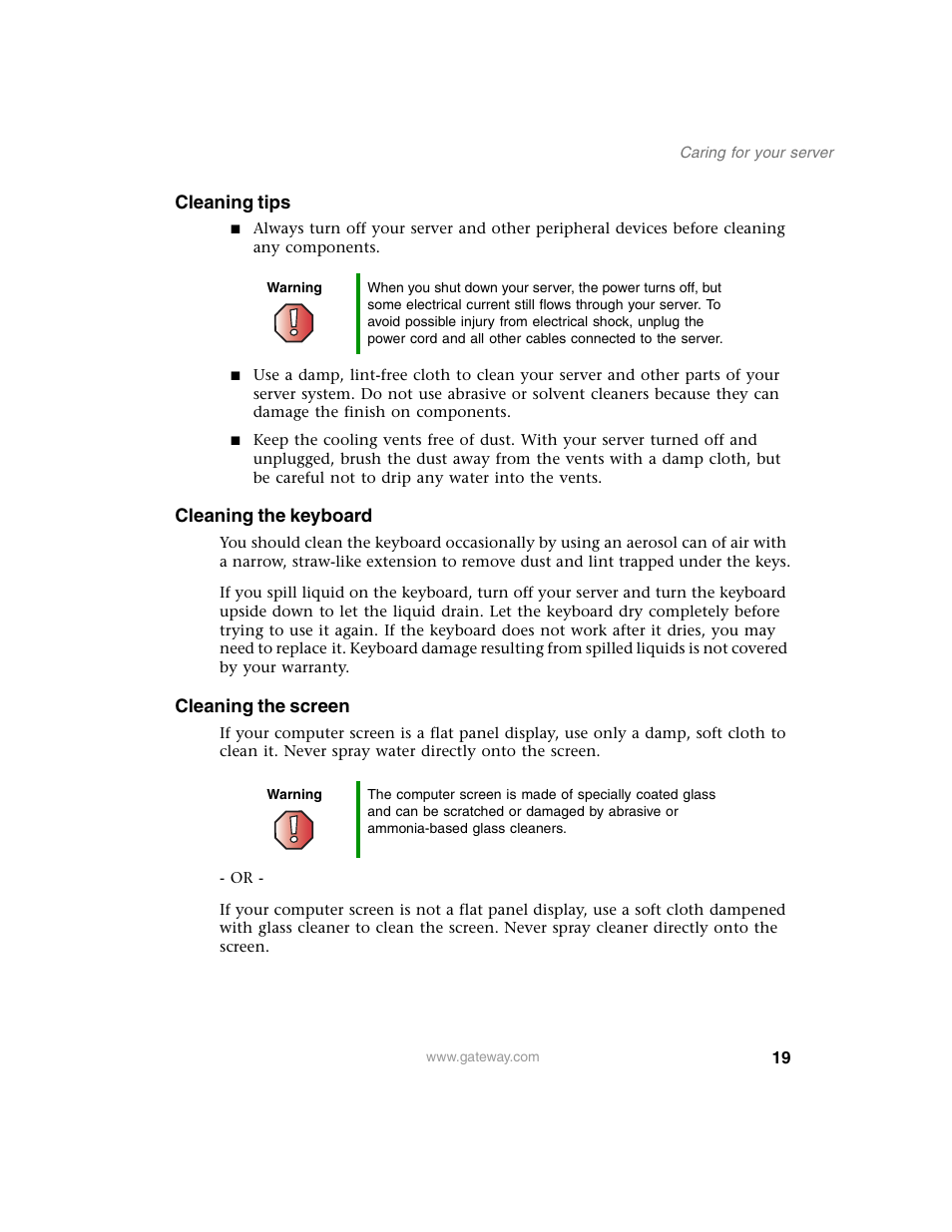 Cleaning tips, Cleaning the keyboard, Cleaning the screen | Gateway 960 User Manual | Page 24 / 130