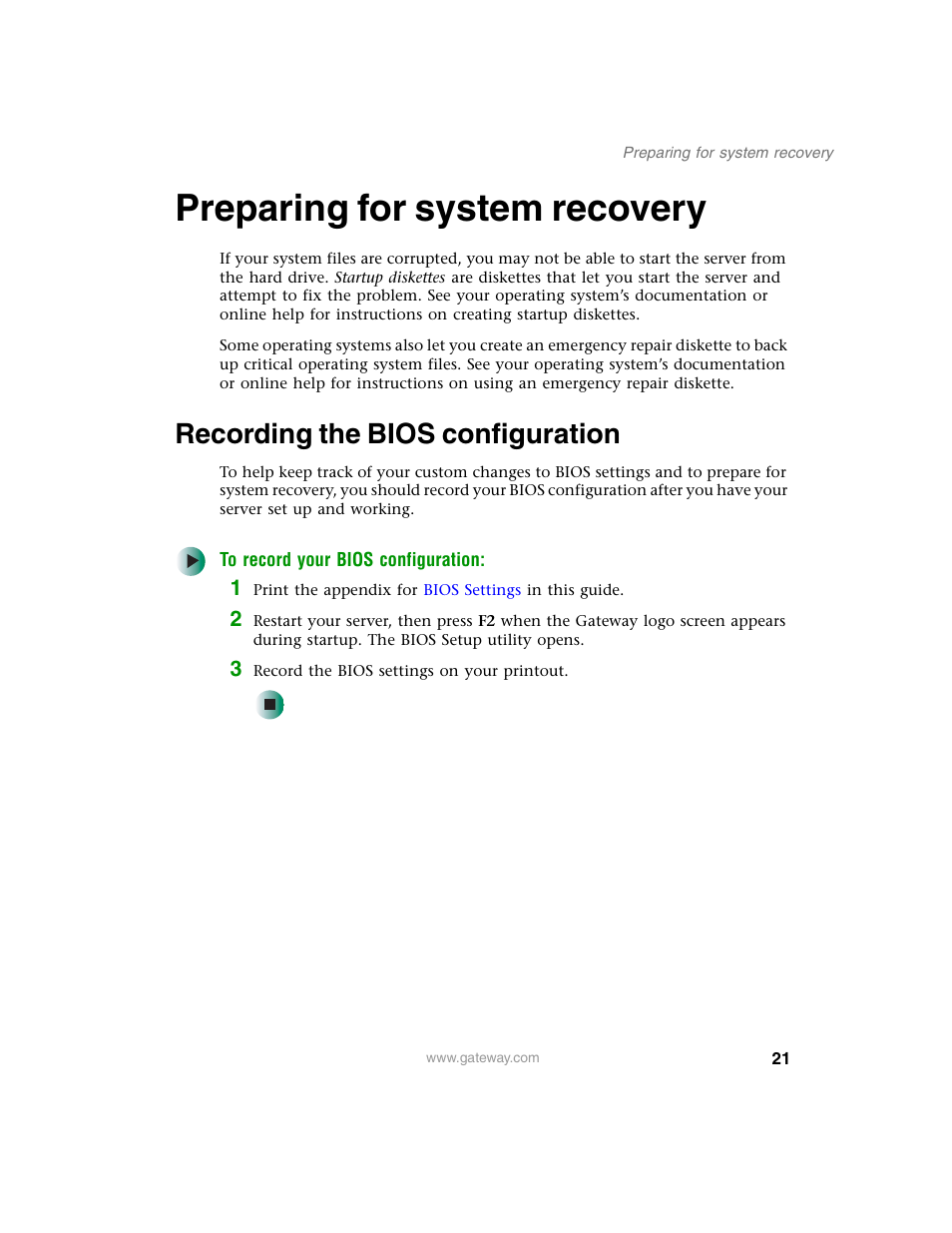 Preparing for system recovery, Recording the bios configuration | Gateway 960 User Manual | Page 26 / 130