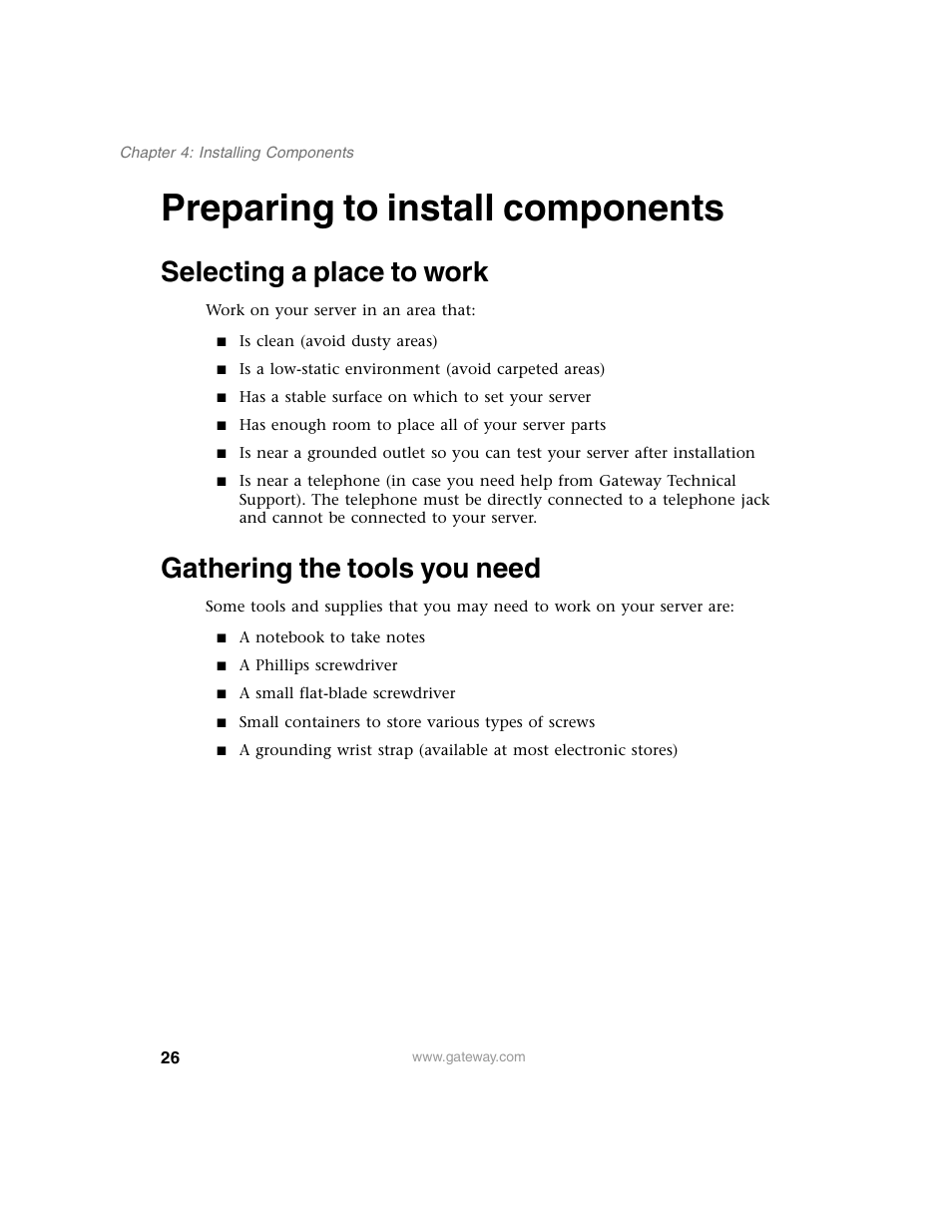 Preparing to install components, Selecting a place to work, Gathering the tools you need | Gateway 960 User Manual | Page 31 / 130