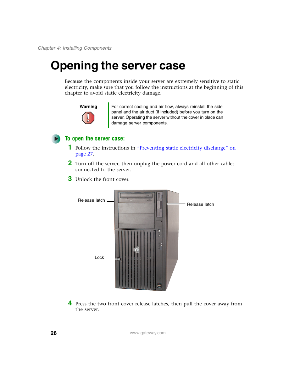 Opening the server case | Gateway 960 User Manual | Page 33 / 130