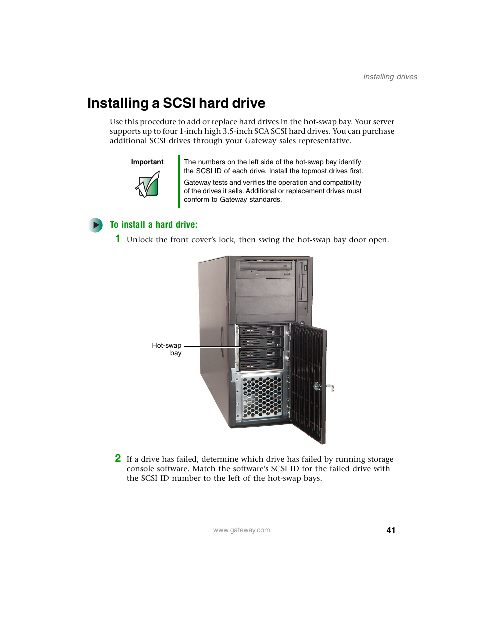 Installing a scsi hard drive | Gateway 960 User Manual | Page 46 / 130