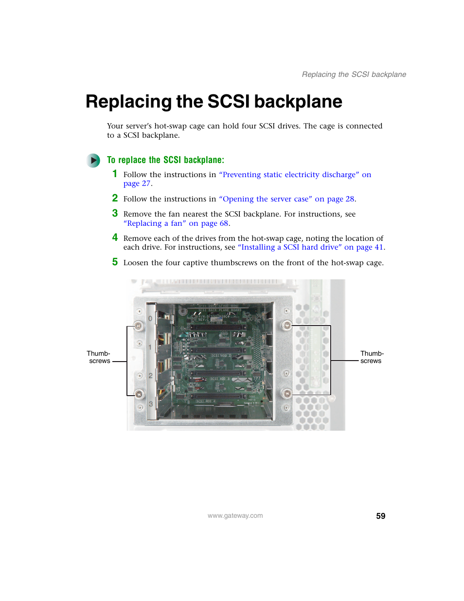 Replacing the scsi backplane | Gateway 960 User Manual | Page 64 / 130
