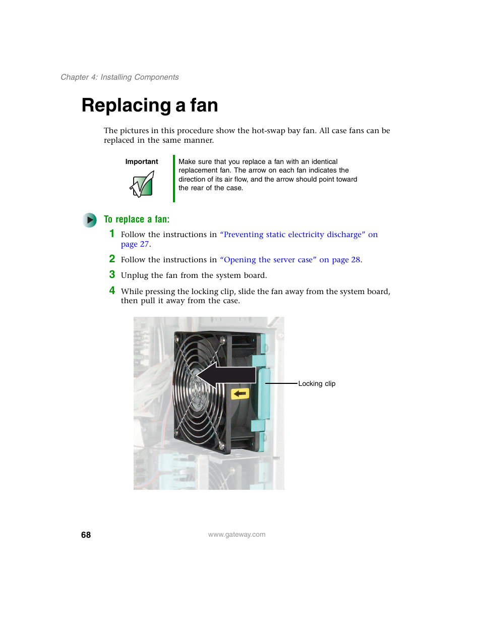Replacing a fan | Gateway 960 User Manual | Page 73 / 130