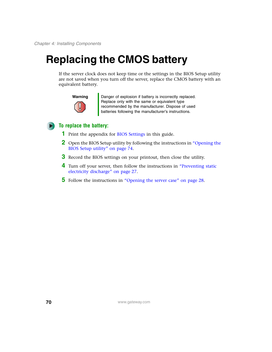 Replacing the cmos battery | Gateway 960 User Manual | Page 75 / 130