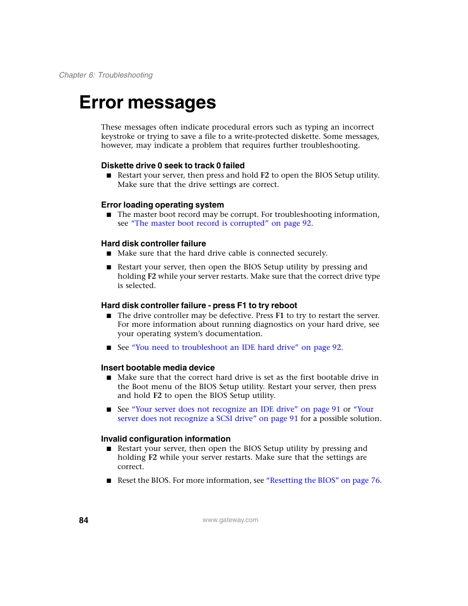 Error messages | Gateway 960 User Manual | Page 89 / 130