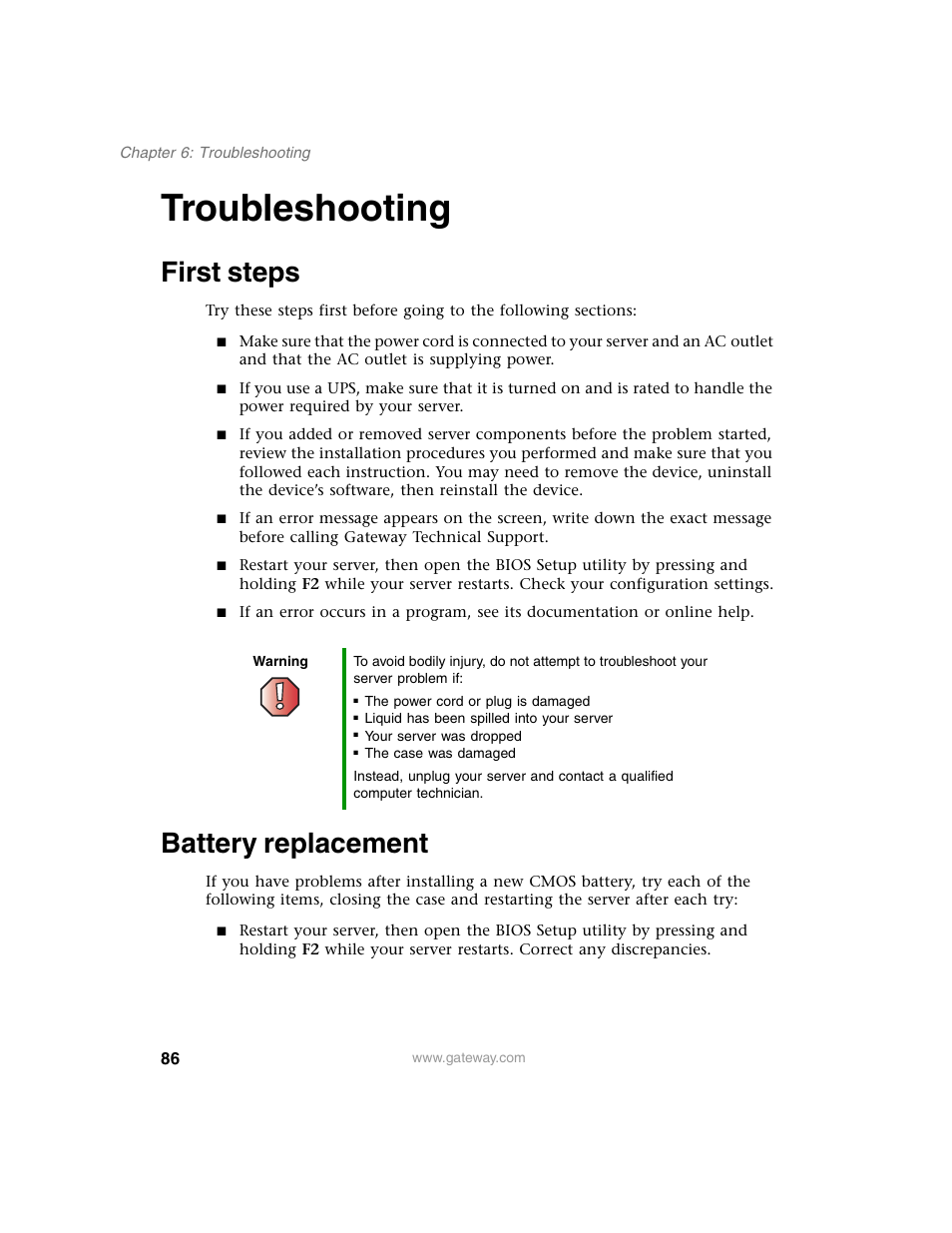 Troubleshooting, First steps, Battery replacement | First steps battery replacement | Gateway 960 User Manual | Page 91 / 130