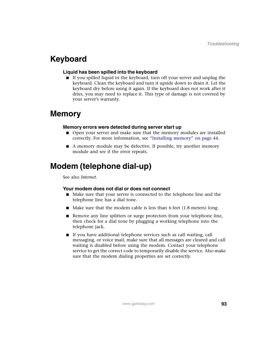 Keyboard, Memory, Modem (telephone dial-up) | Keyboard memory modem (telephone dial-up) | Gateway 960 User Manual | Page 98 / 130