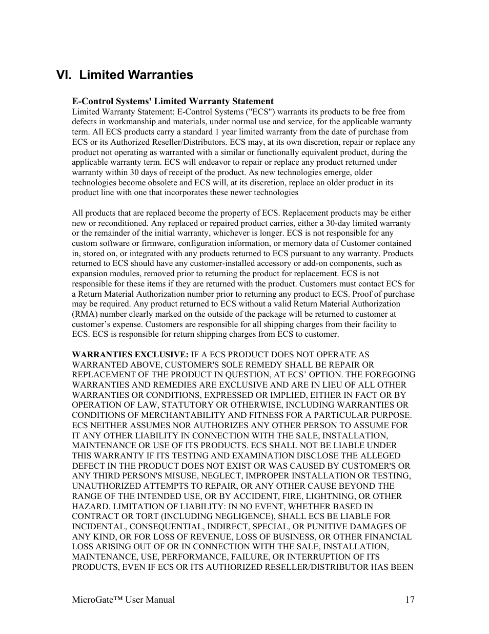 Limited warranties, Vi. limited warranties | Gateway MicroGate MG1-1000 User Manual | Page 17 / 18