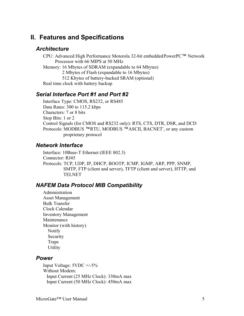 Features and specifications, Architecture, Serial interface port #1 and port #2 | Network interface, Nafem data protocol mib compatibility, Power, Rchitecture, Erial, Nterface, Etwork | Gateway MicroGate MG1-1000 User Manual | Page 5 / 18