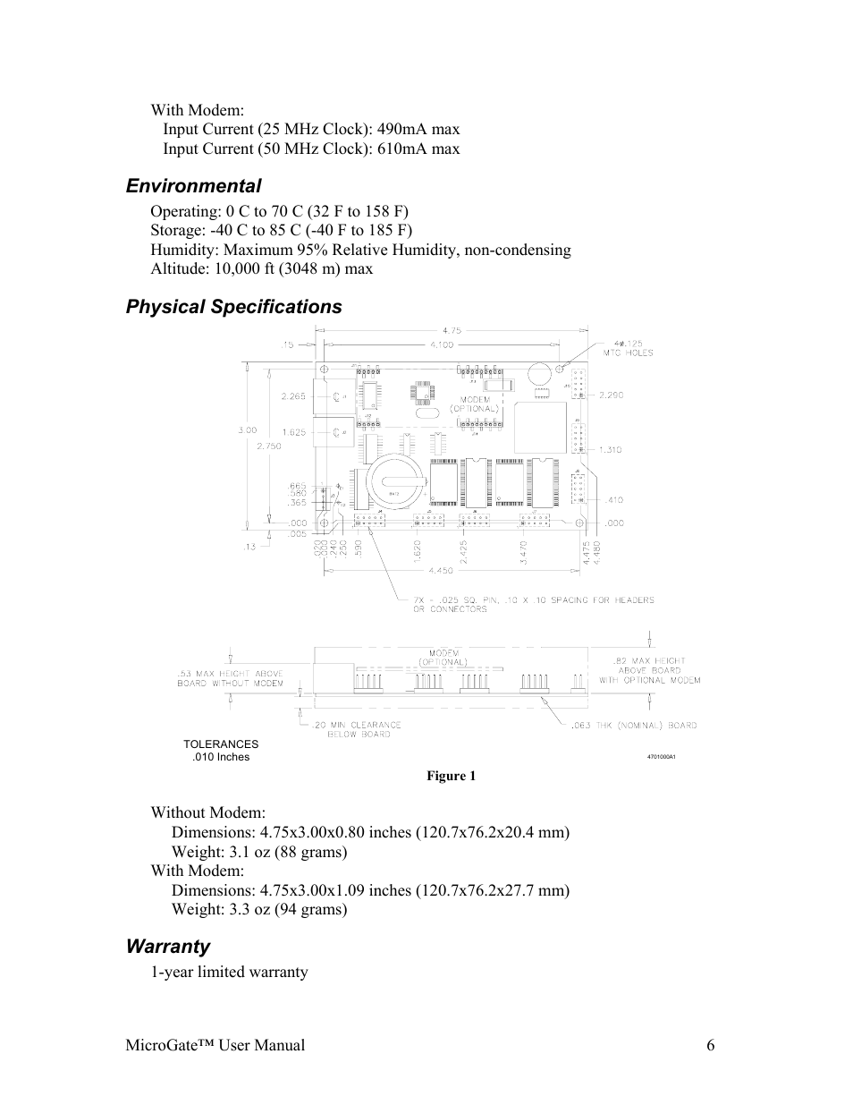 Environmental, Physical specifications, Warranty | Nvironmental, Hysical, Pecifications, Arranty | Gateway MicroGate MG1-1000 User Manual | Page 6 / 18