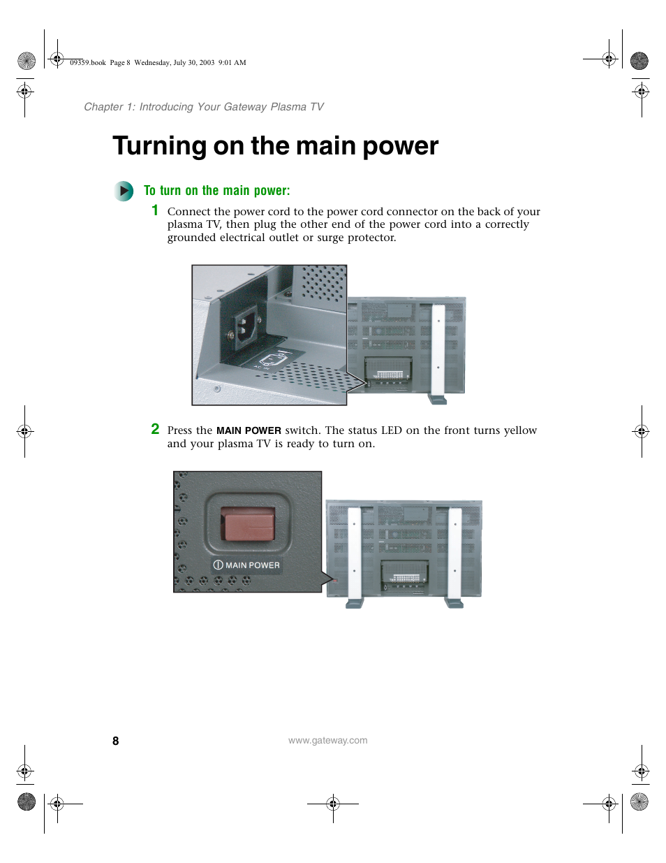 Turning on the main power, To turn on the main power | Gateway Flat Panel Television User Manual | Page 12 / 68