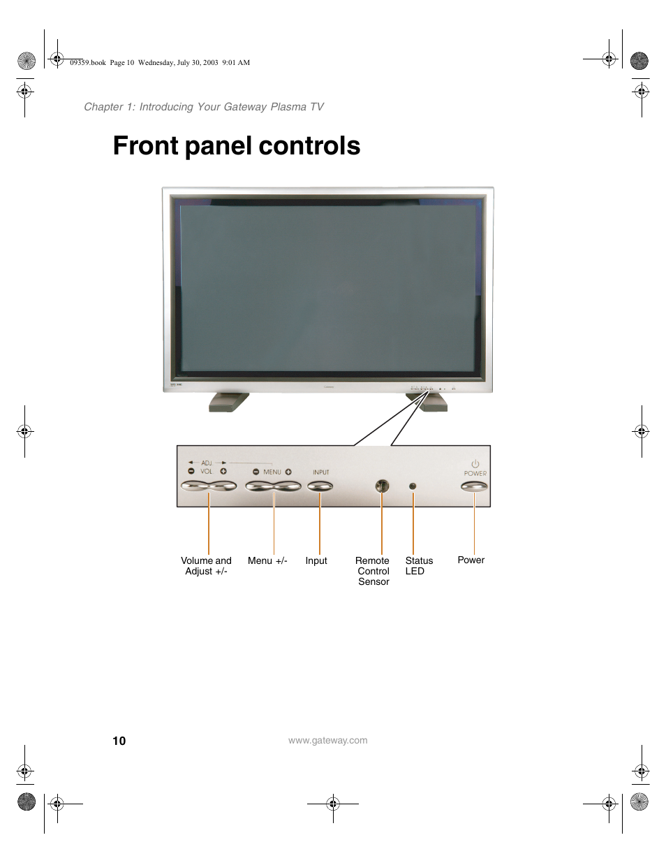 Front panel controls | Gateway Flat Panel Television User Manual | Page 14 / 68