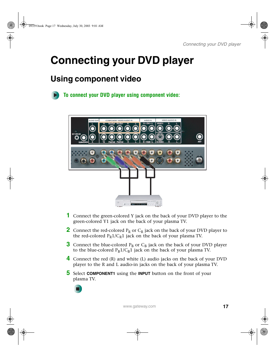 Connecting your dvd player, Using component video, To connect your dvd player using component video | Gateway Flat Panel Television User Manual | Page 21 / 68