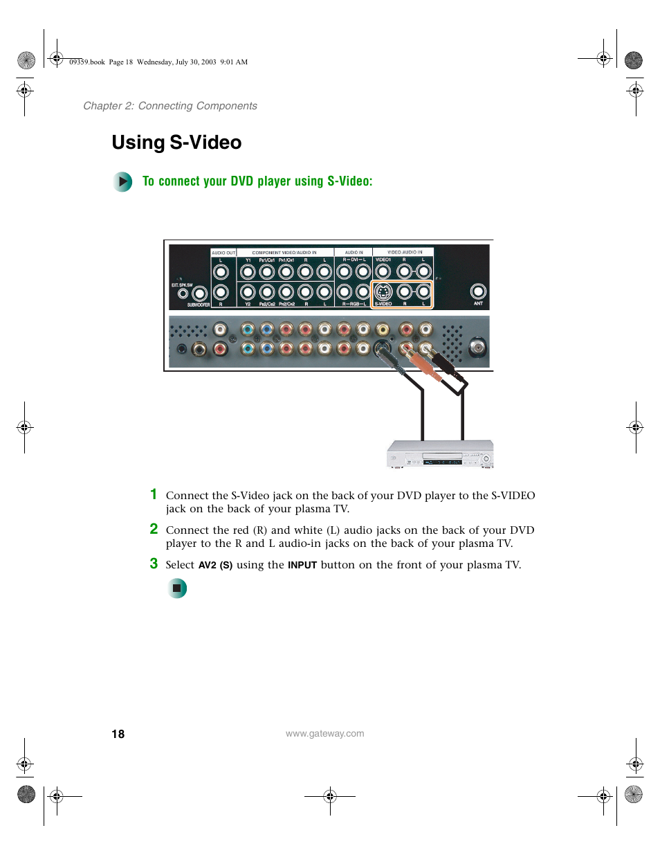 Using s-video, To connect your dvd player using s-video | Gateway Flat Panel Television User Manual | Page 22 / 68