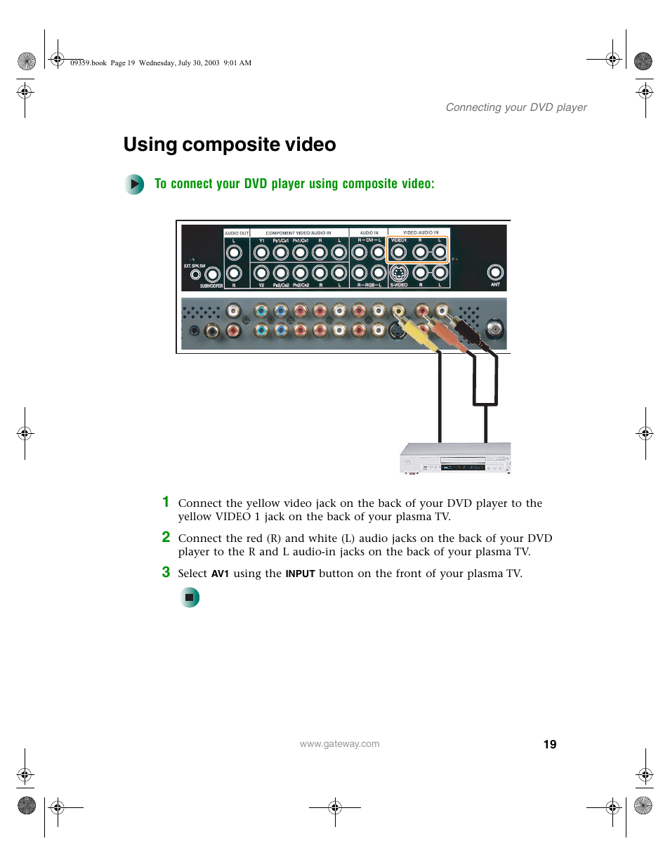 Using composite video, To connect your dvd player using composite video | Gateway Flat Panel Television User Manual | Page 23 / 68