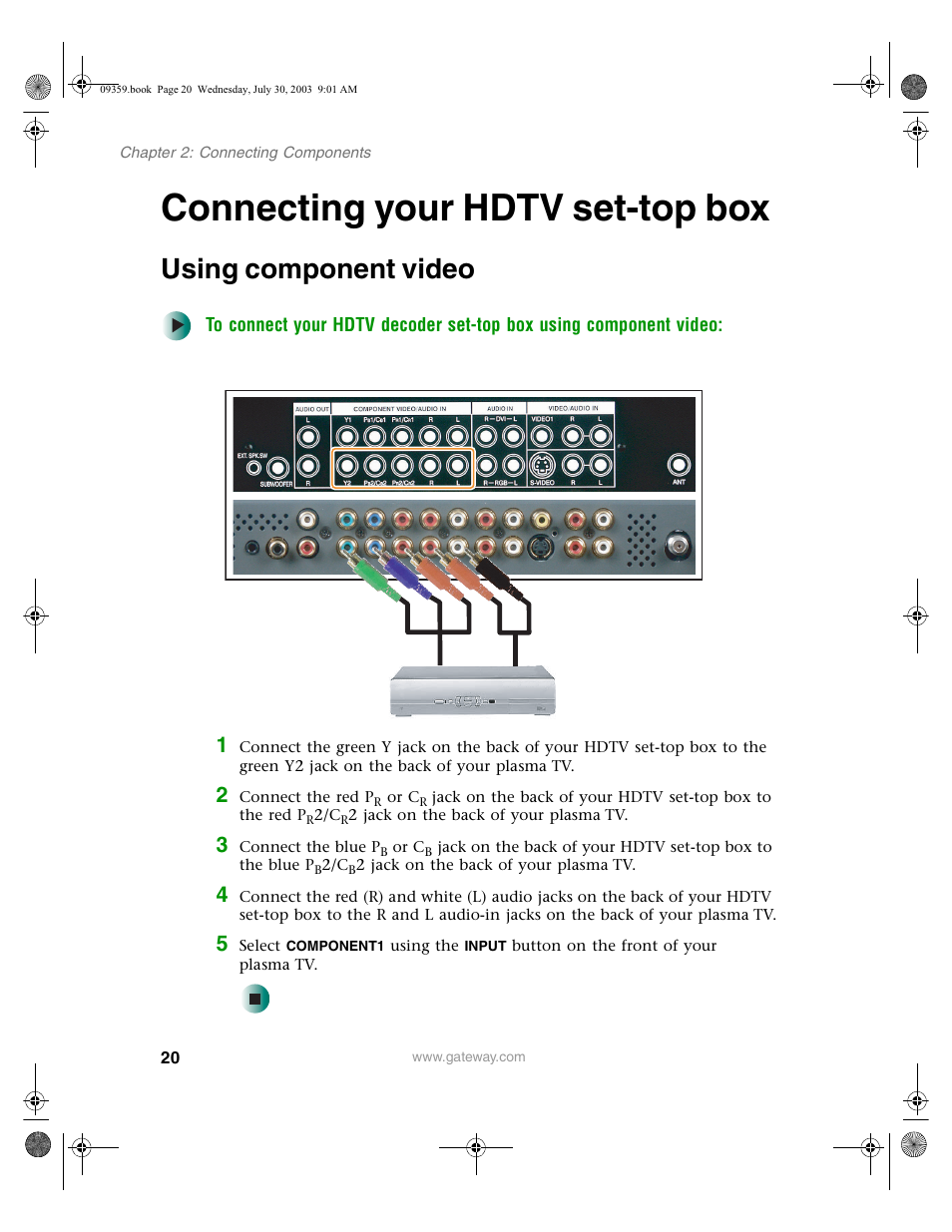 Connecting your hdtv set-top box, Using component video | Gateway Flat Panel Television User Manual | Page 24 / 68