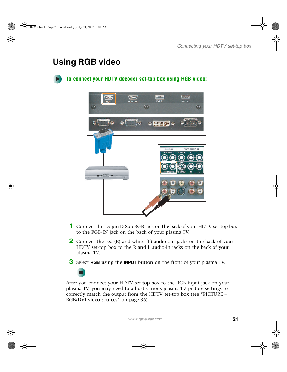 Using rgb video | Gateway Flat Panel Television User Manual | Page 25 / 68